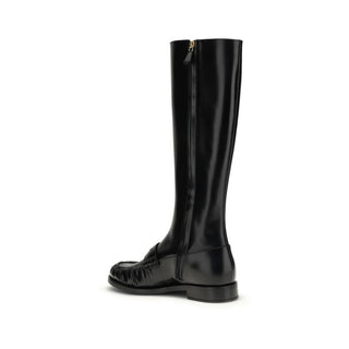 Prada Black Calf Leather Bos Taurus Flat Boots