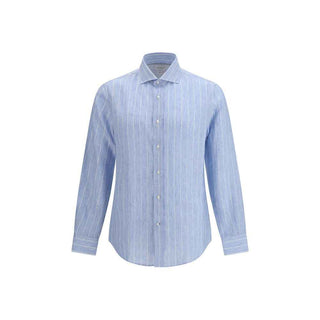Brunello Cucinelli Blue Linen Pattern Shirt