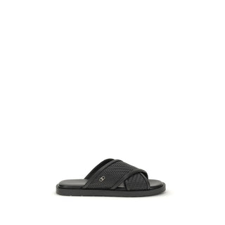 Ferragamo Black Calf Leather Bos Taurus Flat Sandals