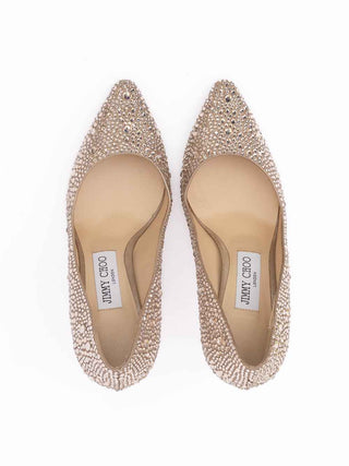 Jimmy Choo Honey Gold Shimmer Suede Crystals Romy 85 pumps