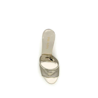 Prada Silver Calf Leather Bos Taurus Stiletto Heel Sandals
