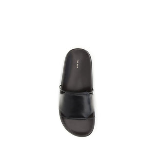 The Row Black Calf Leather Bos Taurus Flat Sandals