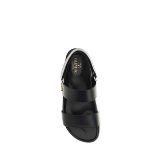 Valentino Garavani Black Calf Leather Bos Taurus Flat Sandals