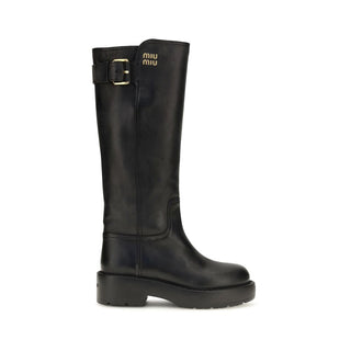 Miu Miu Black Calf Leather Bos Taurus Flat Boots