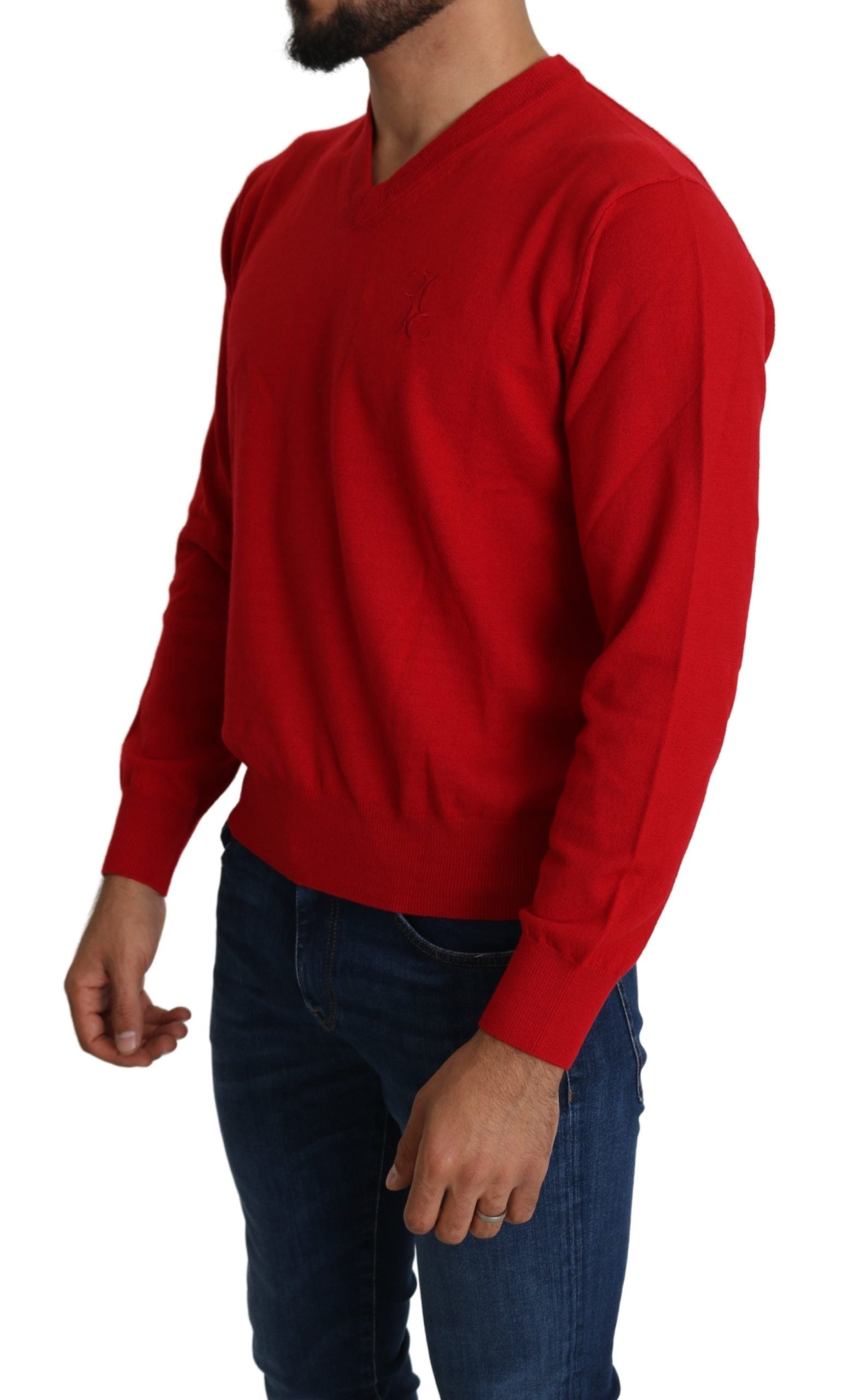 Billionaire Italian Couture Red V-neck Wool Sweatshirt Pullover Sweater - Ginchy