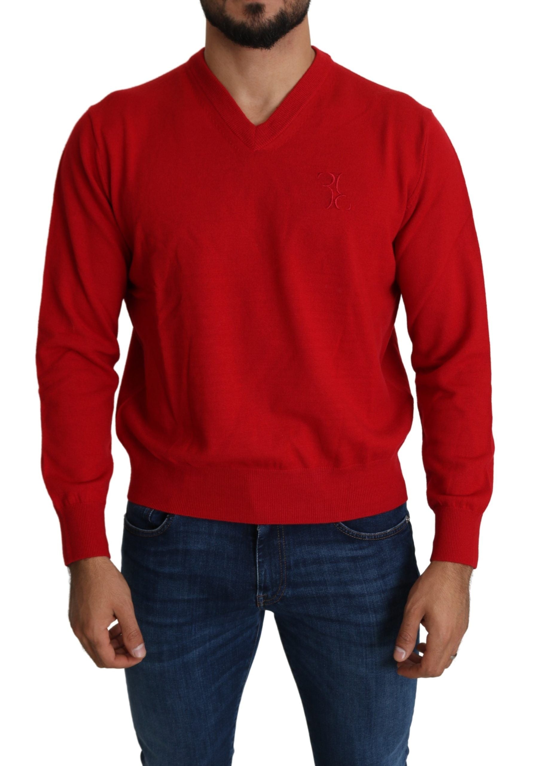 Billionaire Italian Couture Red V-neck Wool Sweatshirt Pullover Sweater - Ginchy