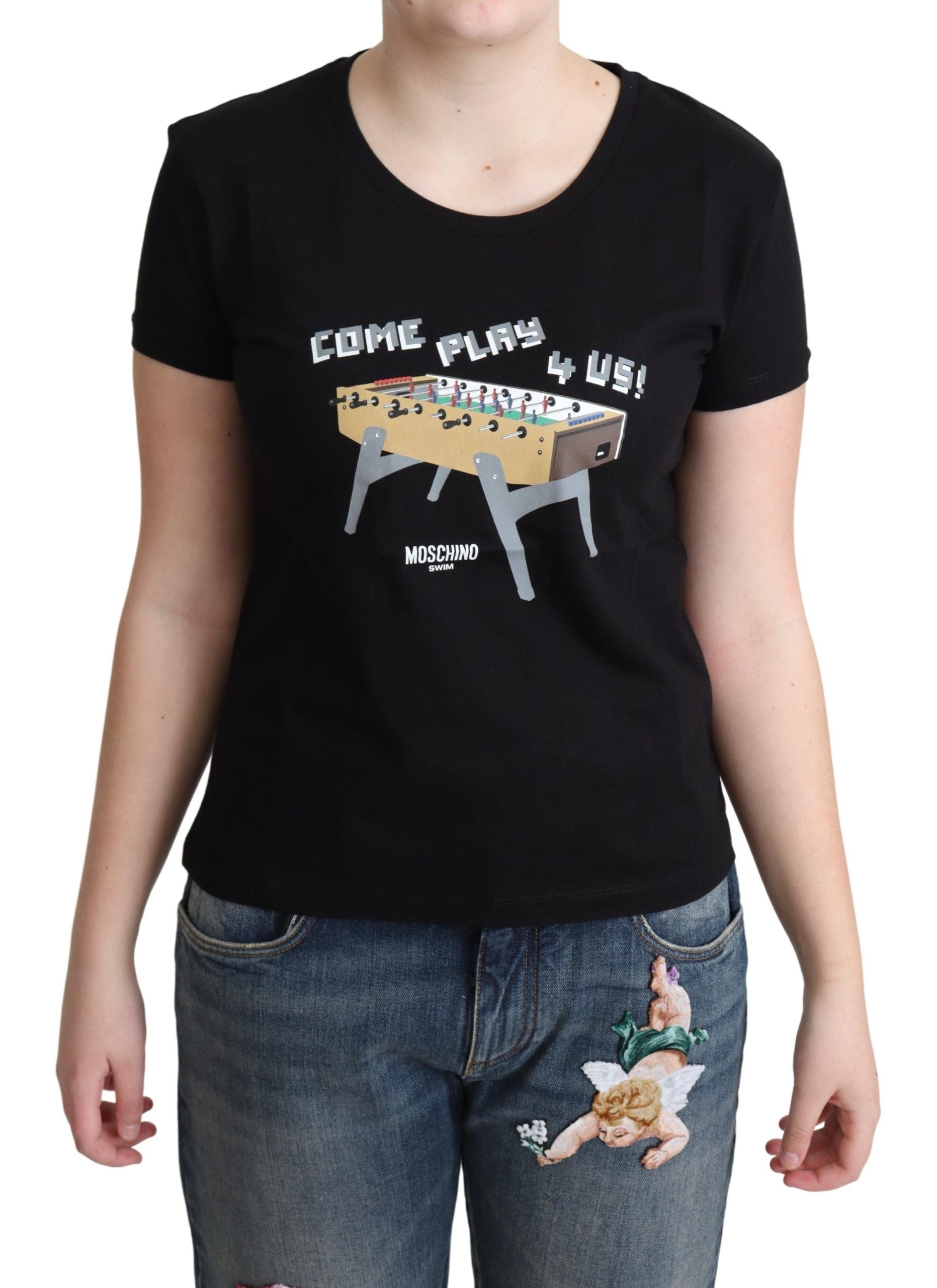 Moschino Black Cotton Come Play 4 Us Print Tops T-shirt - Ginchy