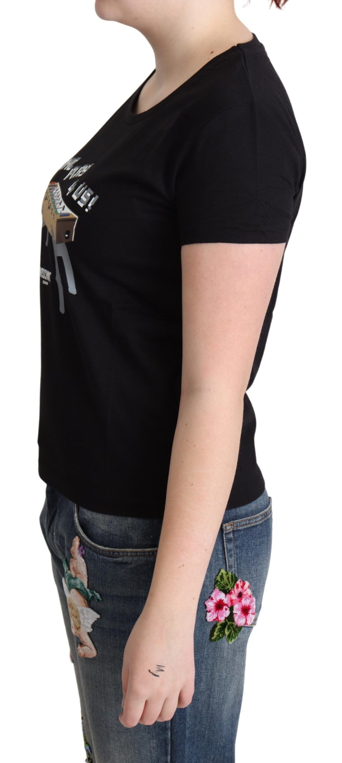 Moschino Black Cotton Come Play 4 Us Print Tops T-shirt - Ginchy