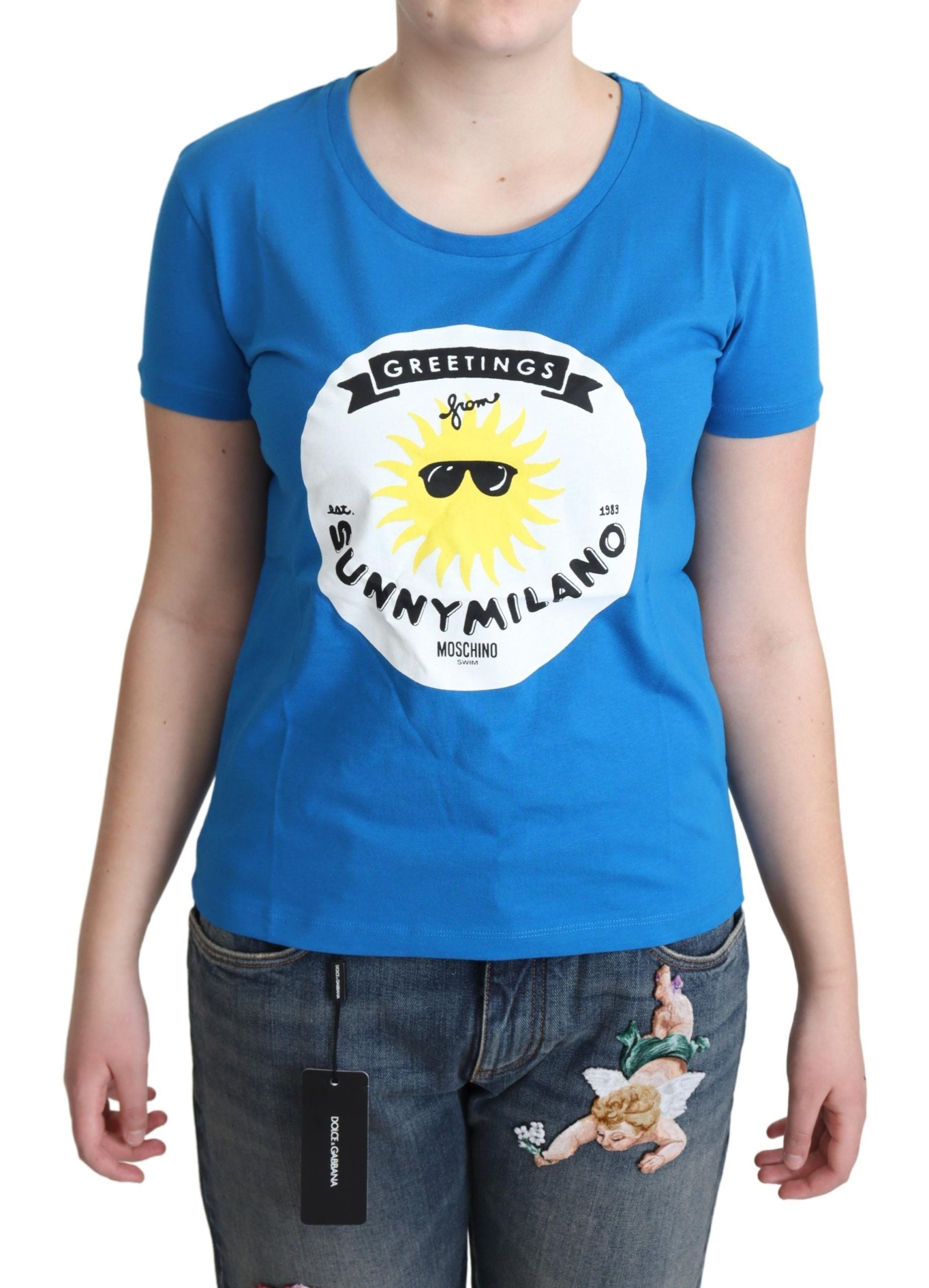 Moschino Blue Cotton Sunny Milano Print Tops T-shirt - Ginchy