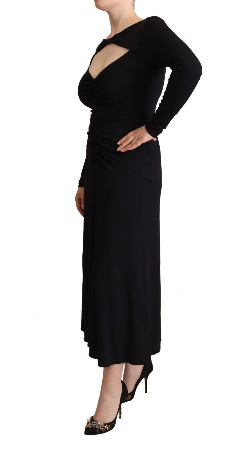 PINKO Black Nylon Stretch Long Sleeves Deep V-neck Maxi Dress - Ginchy