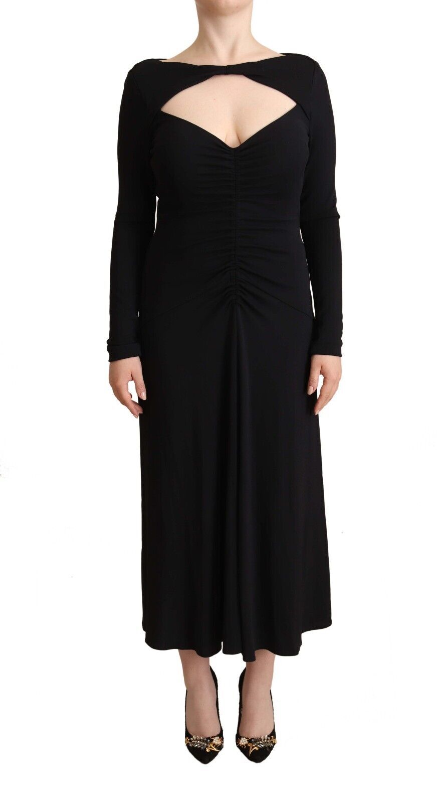 PINKO Black Nylon Stretch Long Sleeves Deep V-neck Maxi Dress - Ginchy