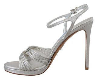 Prada Silver Leather Sandals Ankle Strap Heels Stiletto - Ginchy