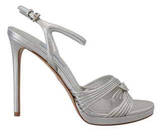 Prada Silver Leather Sandals Ankle Strap Heels Stiletto - Ginchy