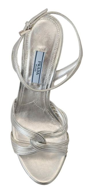 Prada Silver Leather Sandals Ankle Strap Heels Stiletto - Ginchy