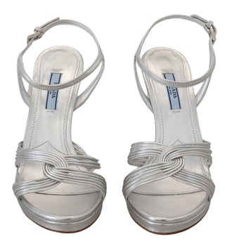 Prada Silver Leather Sandals Ankle Strap Heels Stiletto - Ginchy