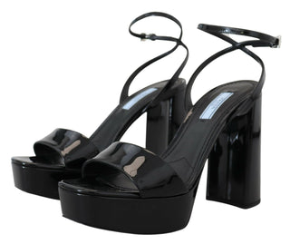 Prada Black Patent Sandals Ankle Strap Heels Leather - Ginchy