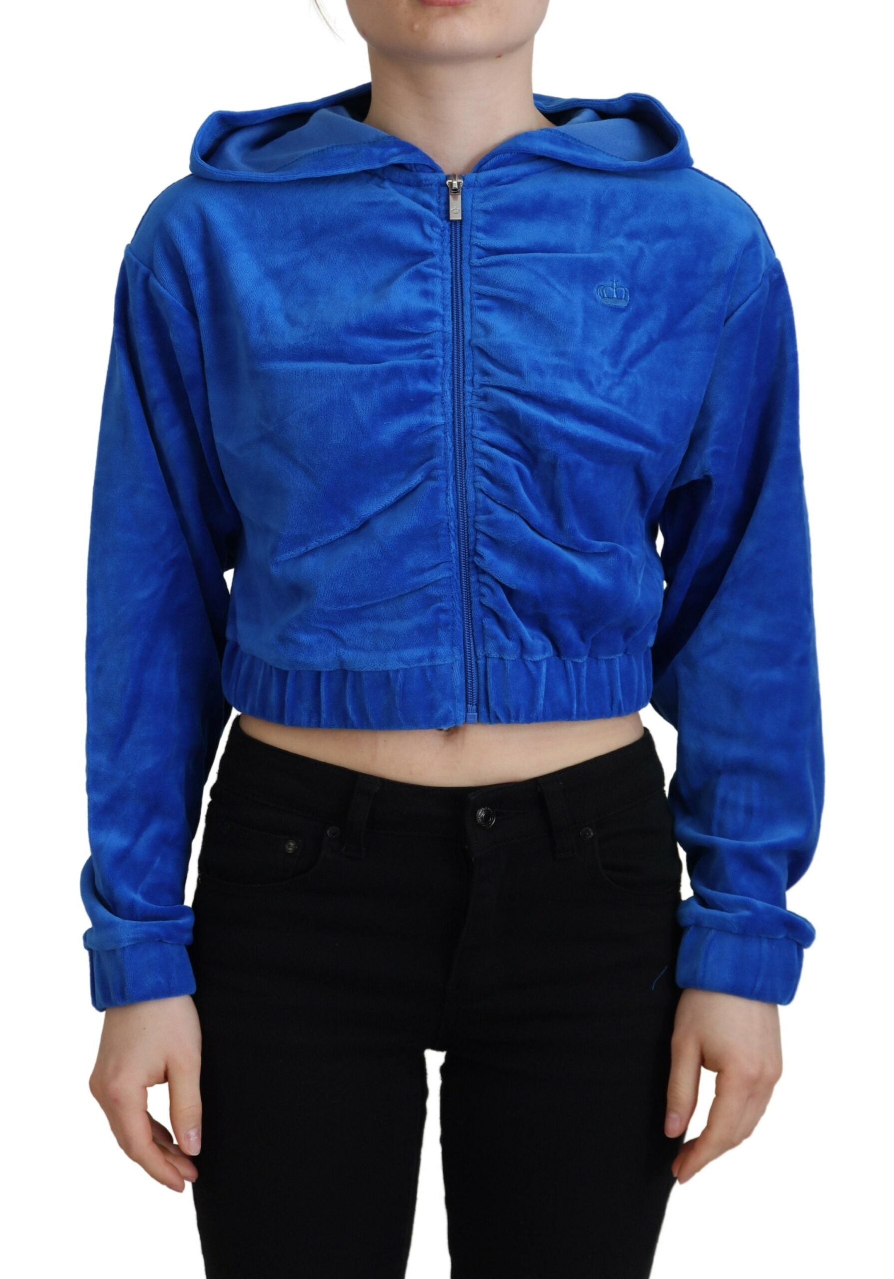 Juicy Couture Blue Cotton Full Zip Cropped Hooded Sweatshirt Sweater - Ginchy
