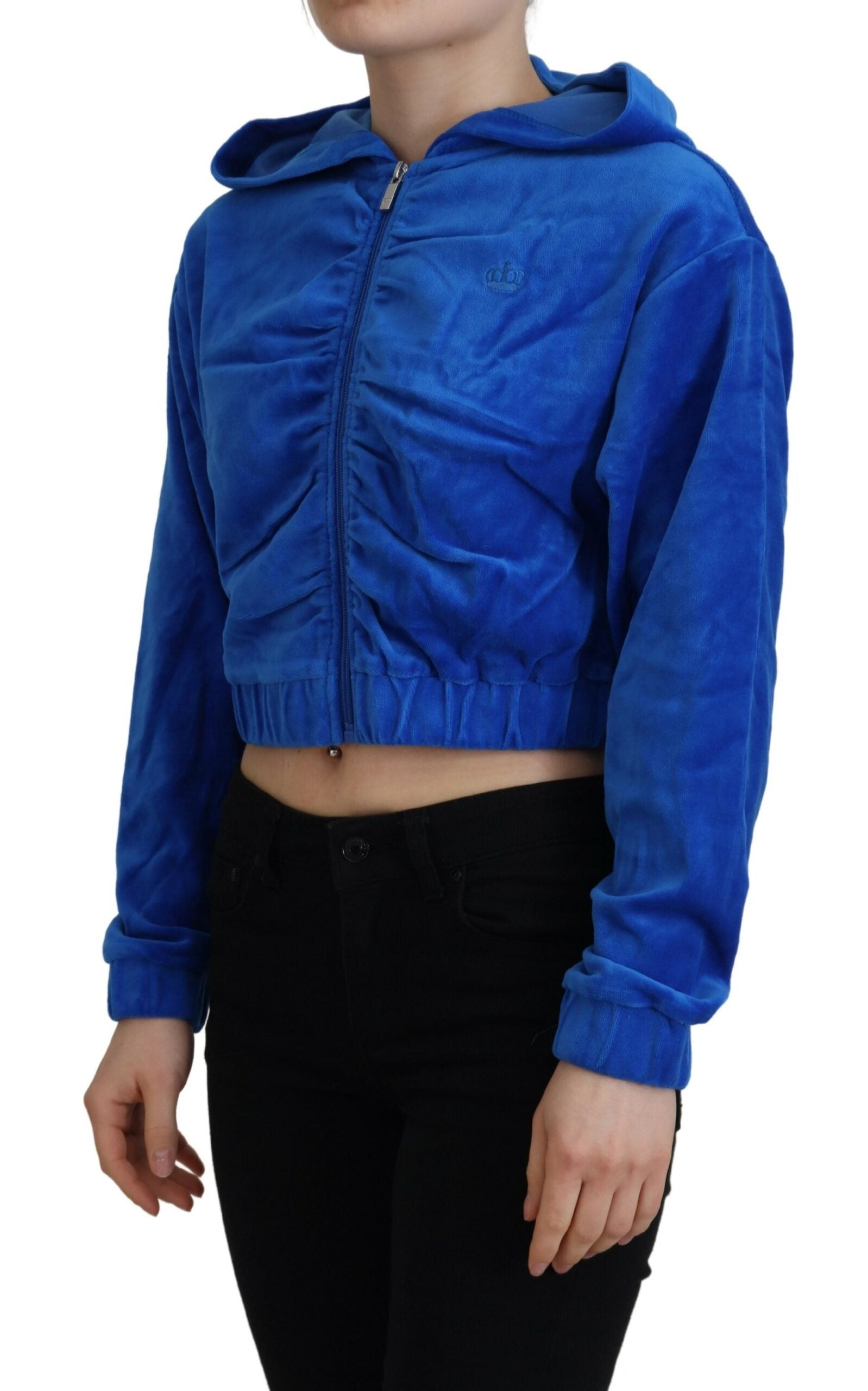 Juicy Couture Blue Cotton Full Zip Cropped Hooded Sweatshirt Sweater - Ginchy