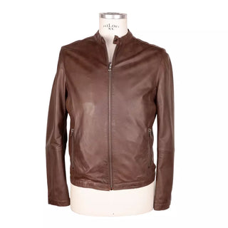 Emilio Romanelli Elegant Brown Leather Jacket with Snap Collar - Ginchy