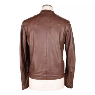 Emilio Romanelli Elegant Brown Leather Jacket with Snap Collar - Ginchy