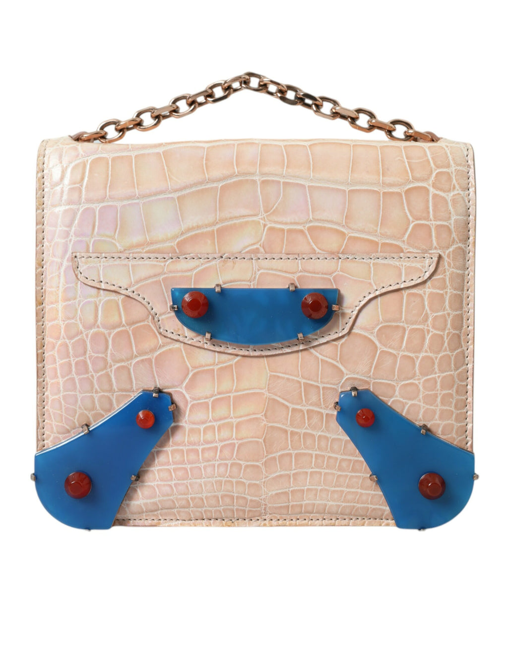 Balenciaga Beige Blue Agate Exotic Leather Gold Chain Purse Bag - Ginchy