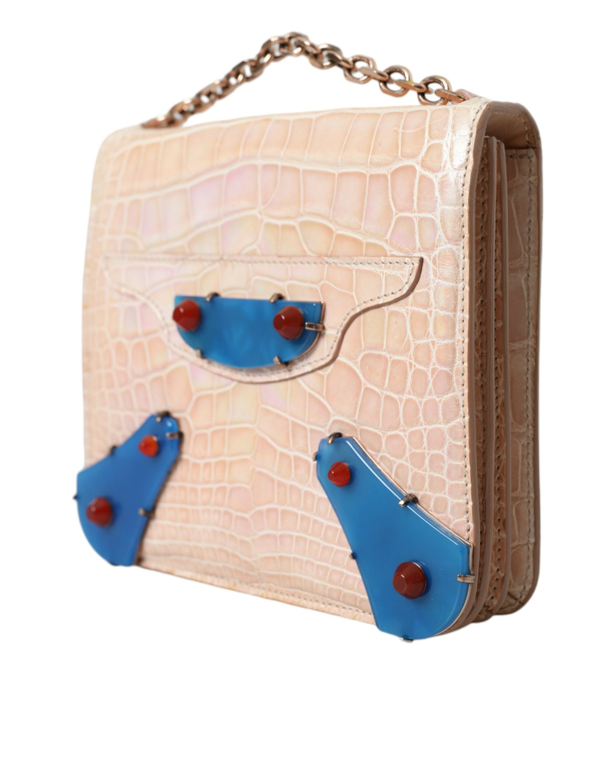 Balenciaga Beige Blue Agate Exotic Leather Gold Chain Purse Bag - Ginchy