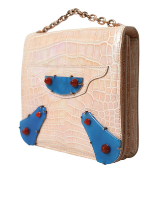 Balenciaga Beige Blue Agate Exotic Leather Gold Chain Purse Bag - Ginchy