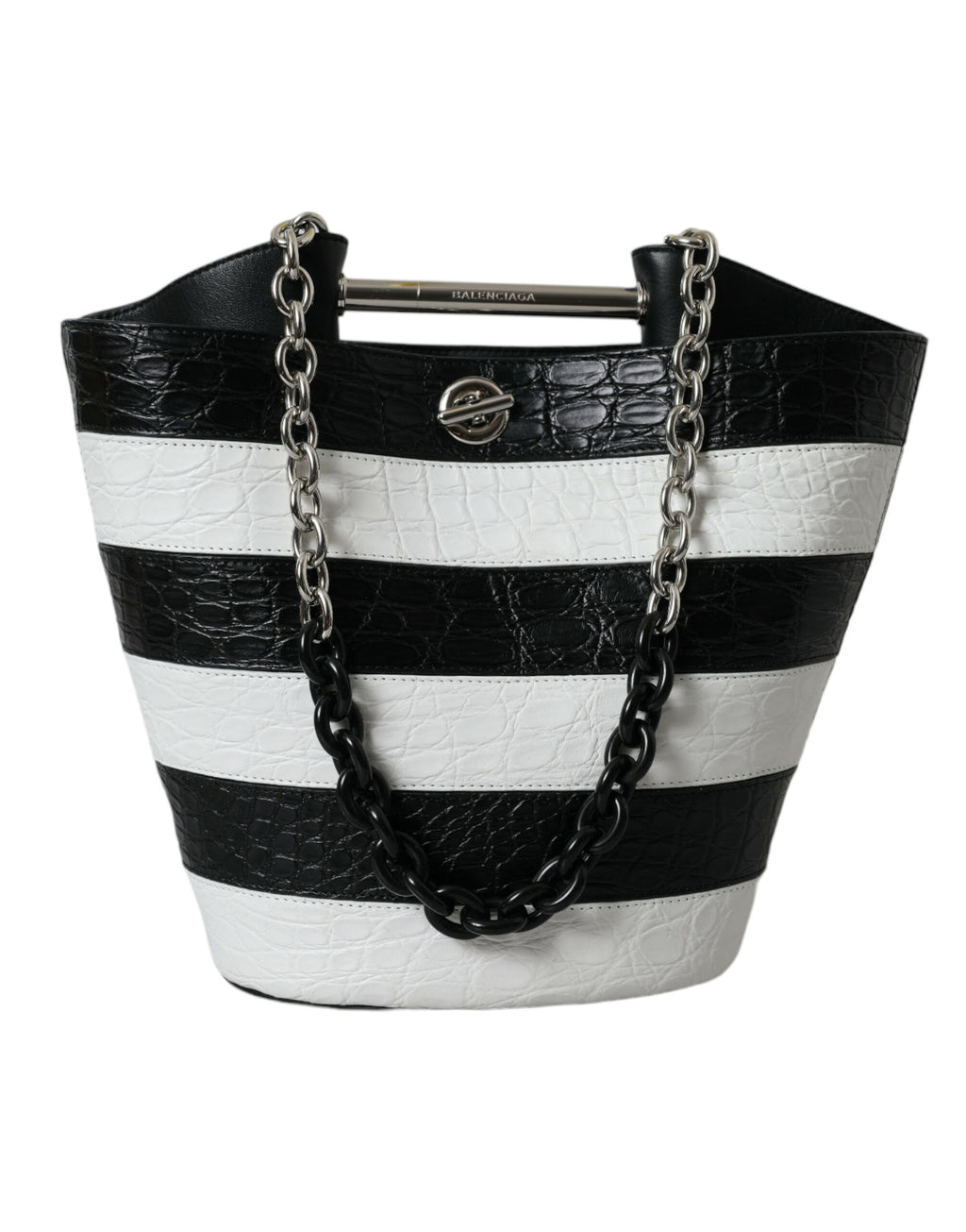 Balenciaga Black White Striped Exotic Skin Leather Maxi Bucket Tote Bag - Ginchy
