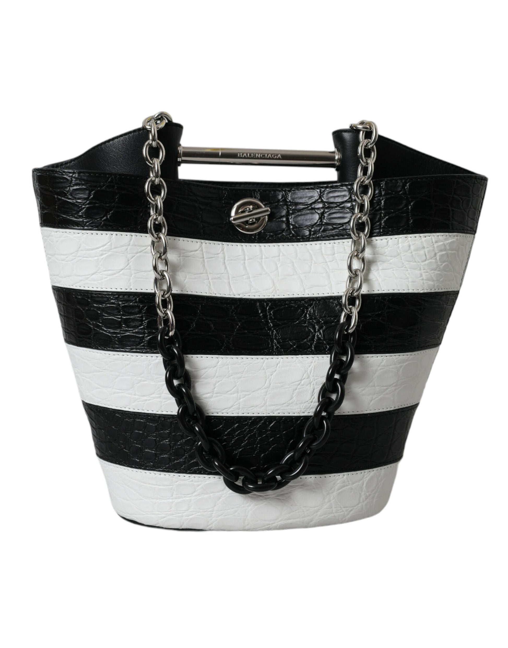Balenciaga Black White Striped Exotic Skin Leather Maxi Bucket Tote Bag - Ginchy