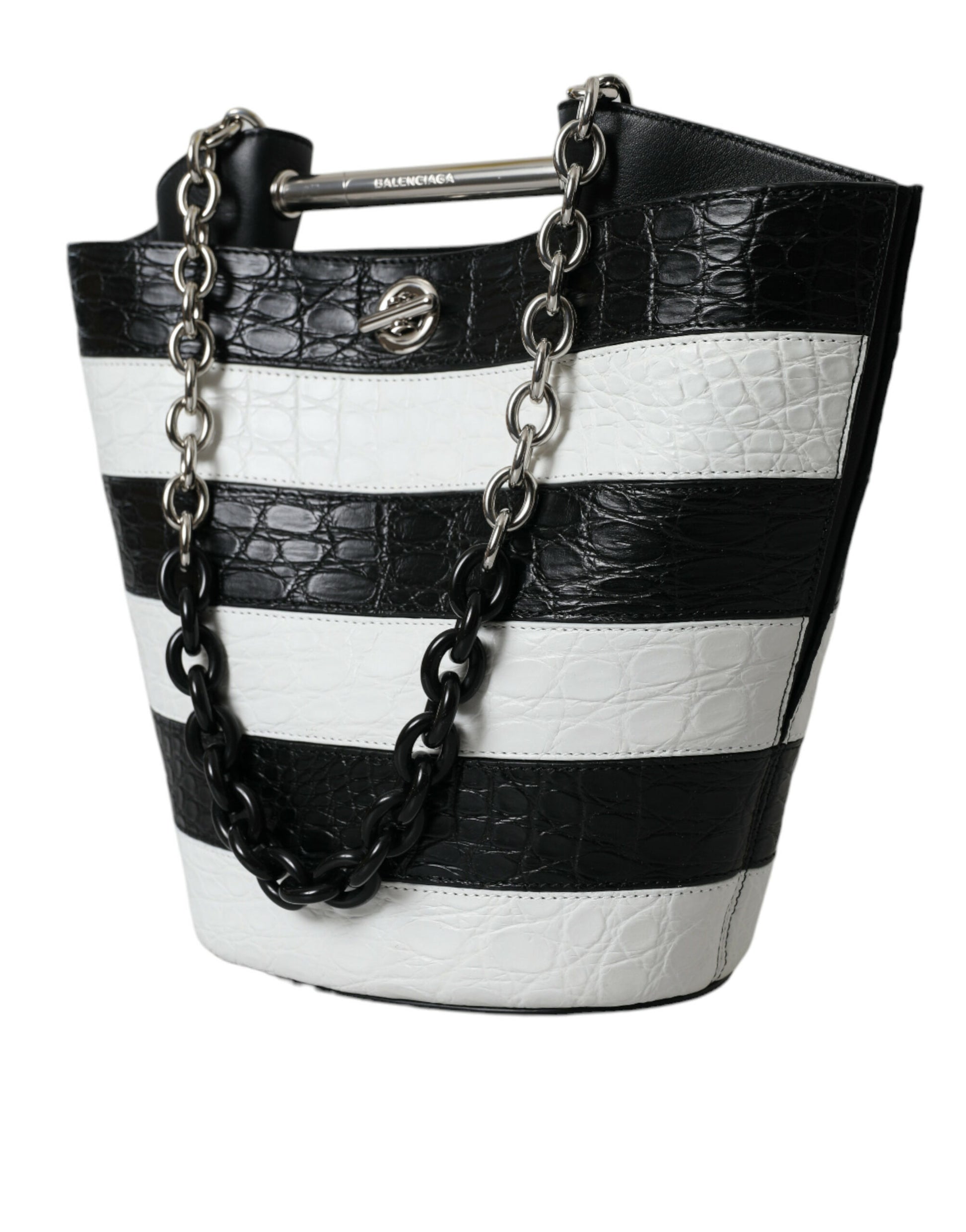Balenciaga Black White Striped Exotic Skin Leather Maxi Bucket Tote Bag - Ginchy