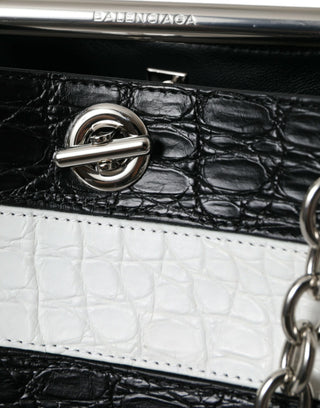 Balenciaga Black White Striped Exotic Skin Leather Maxi Bucket Tote Bag - Ginchy