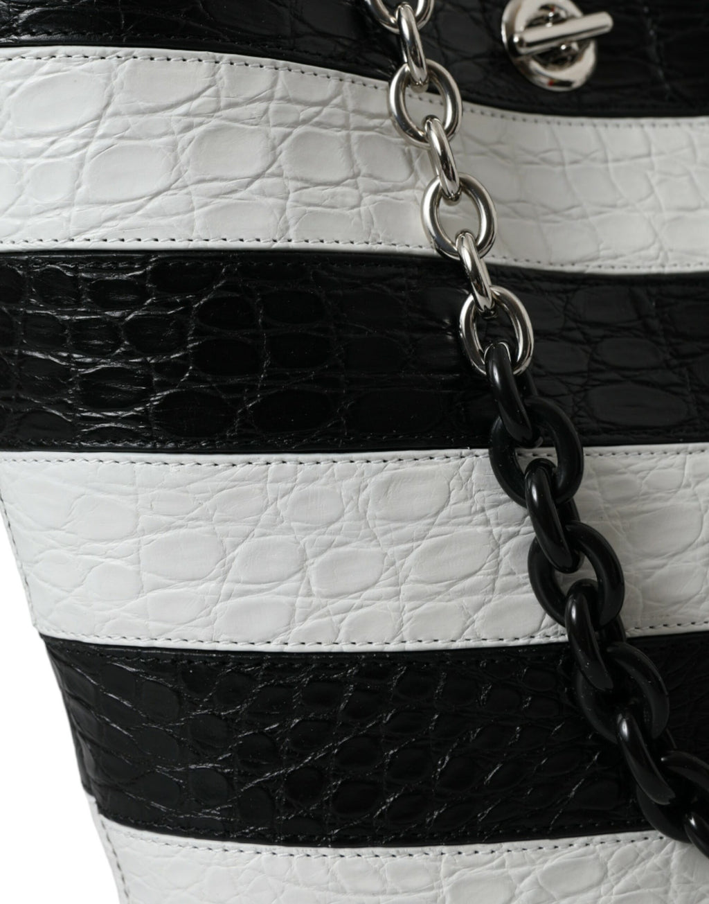 Balenciaga Black White Striped Exotic Skin Leather Maxi Bucket Tote Bag - Ginchy