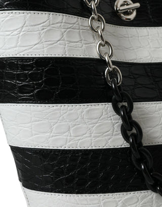 Balenciaga Black White Striped Exotic Skin Leather Maxi Bucket Tote Bag - Ginchy