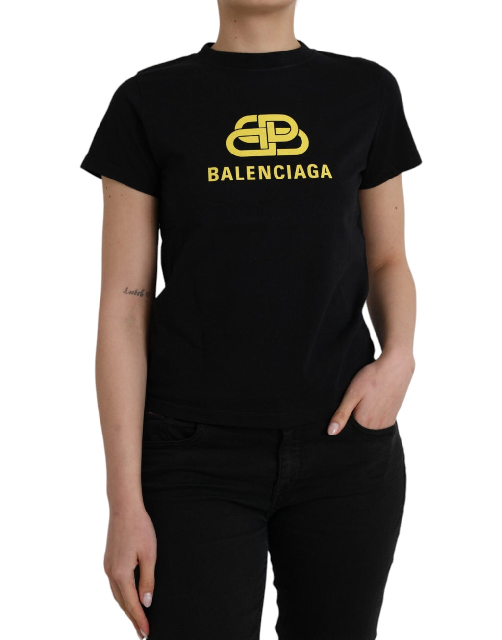 Balenciaga Black Cotton Logo Print Crew Neck Short Sleeves T-shirt - Ginchy