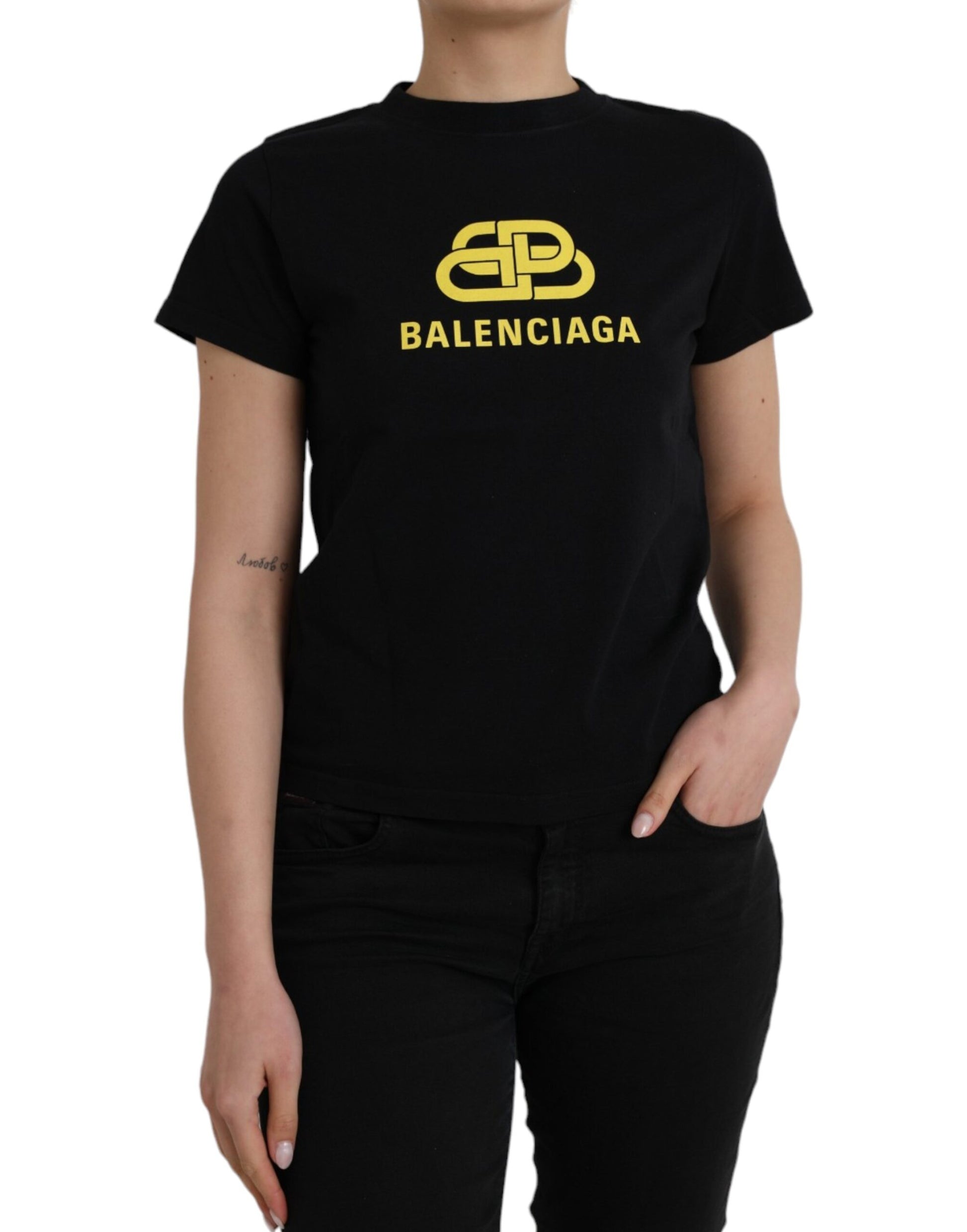 Balenciaga Black Cotton Logo Print Crew Neck Short Sleeves T-shirt - Ginchy