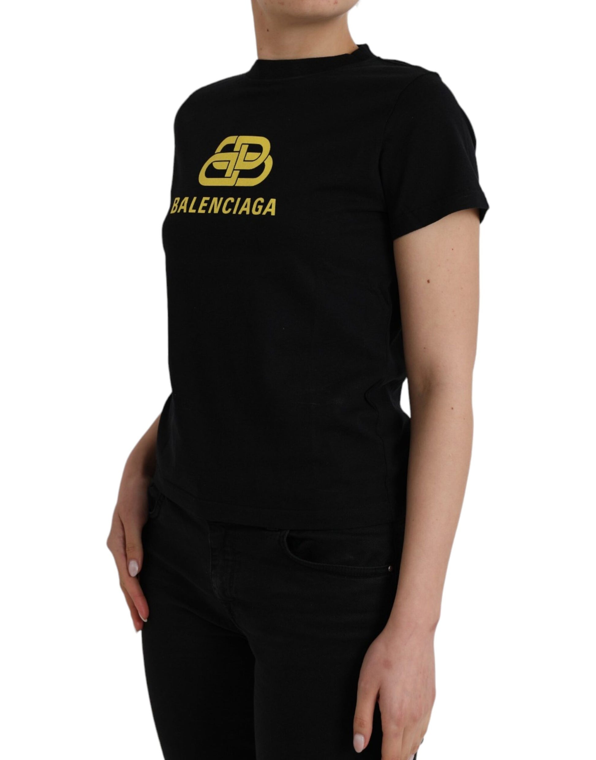 Balenciaga Black Cotton Logo Print Crew Neck Short Sleeves T-shirt - Ginchy
