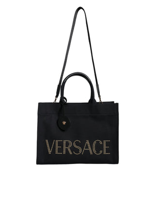 Versace Black Top Handle Canvas Leather Logo Crossbody Tote Bag - Ginchy