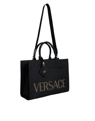 Versace Black Top Handle Canvas Leather Logo Crossbody Tote Bag - Ginchy