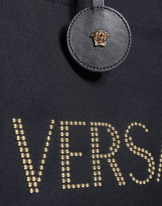 Versace Black Top Handle Canvas Leather Logo Crossbody Tote Bag - Ginchy