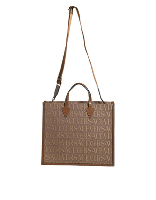 Versace Brown Top Handle Jacquard Leather Logo Crossbody Tote Bag - Ginchy