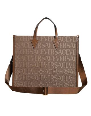 Versace Brown Top Handle Jacquard Leather Logo Crossbody Tote Bag - Ginchy