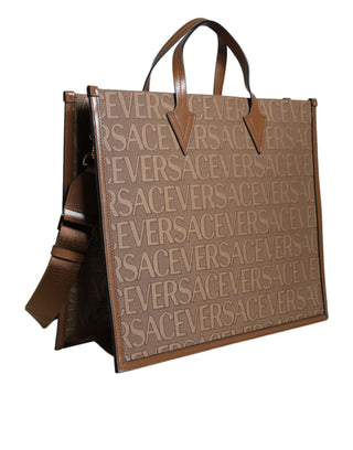 Versace Brown Top Handle Jacquard Leather Logo Crossbody Tote Bag - Ginchy