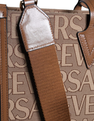 Versace Brown Top Handle Jacquard Leather Logo Crossbody Tote Bag - Ginchy