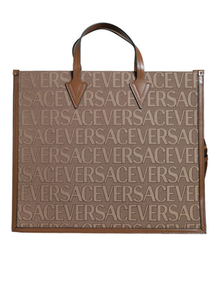 Versace Brown Top Handle Jacquard Leather Logo Crossbody Tote Bag - Ginchy