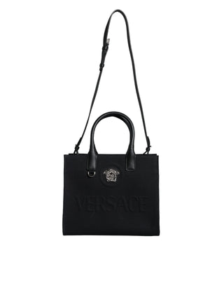 Versace Black Top Handle Canvas Leather Logo Crossbody Tote Bag - Ginchy