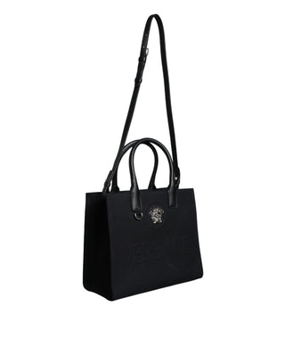 Versace Black Top Handle Canvas Leather Logo Crossbody Tote Bag - Ginchy