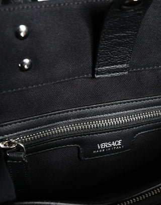 Versace Black Top Handle Canvas Leather Logo Crossbody Tote Bag - Ginchy