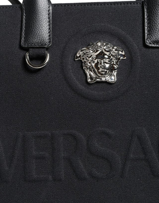 Versace Black Top Handle Canvas Leather Logo Crossbody Tote Bag - Ginchy