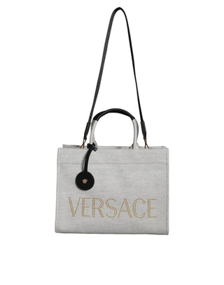 Versace White Top Handle Canvas Leather Logo Crossbody Tote Bag - Ginchy