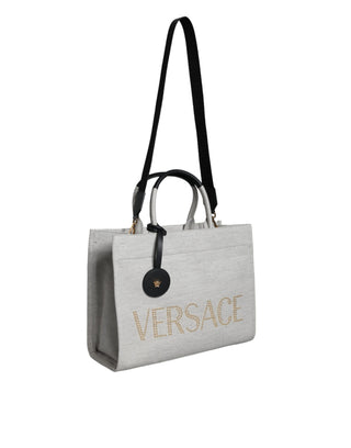 Versace White Top Handle Canvas Leather Logo Crossbody Tote Bag - Ginchy